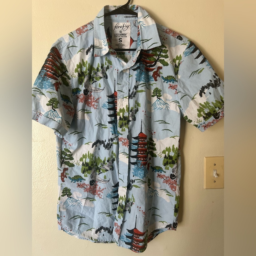 Blue Nature Print Hawaiian Shirt Pagoda Mountain Button Down Size S ButtonUp